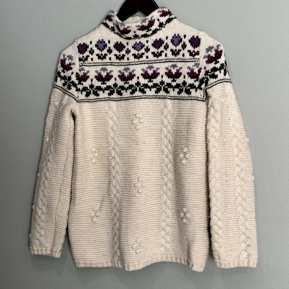 Lands‎ End Womens Sweater Size S 6-8 Fair Isle Knit Turtleneck Cream Floral